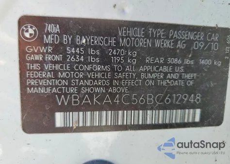 2011 BMW 740 I z USA, uszkodzony, nr VIN WBAKA4C56BC612948